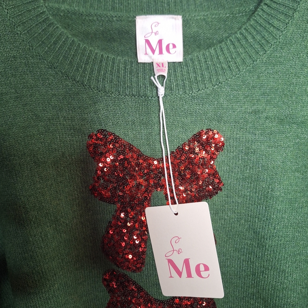 So Me Sequins Bows Ribbon Embellished Christmas Crew Neck Pull Over Sweater XL - Picture 4 of 6